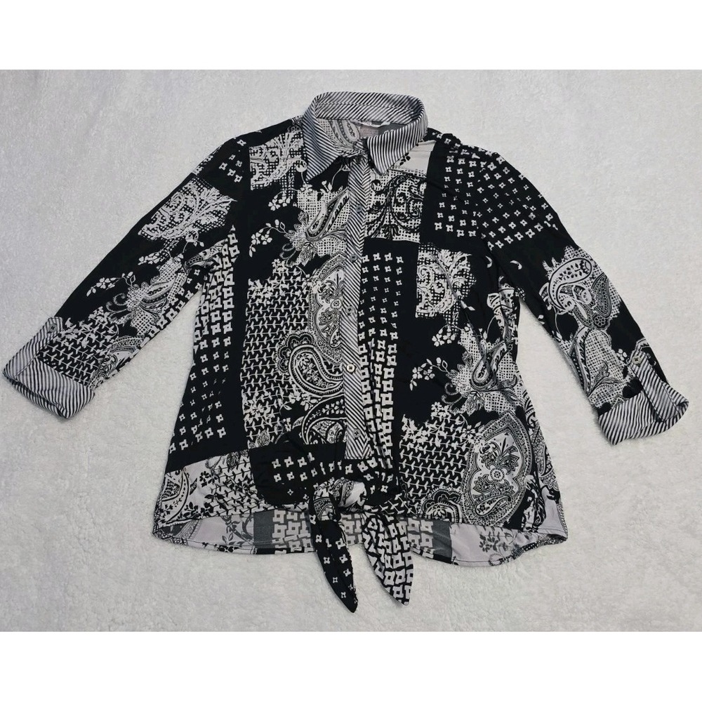 NYGARD L Paisley Button Shirt Women's Black And White Tie Front Blouse Top